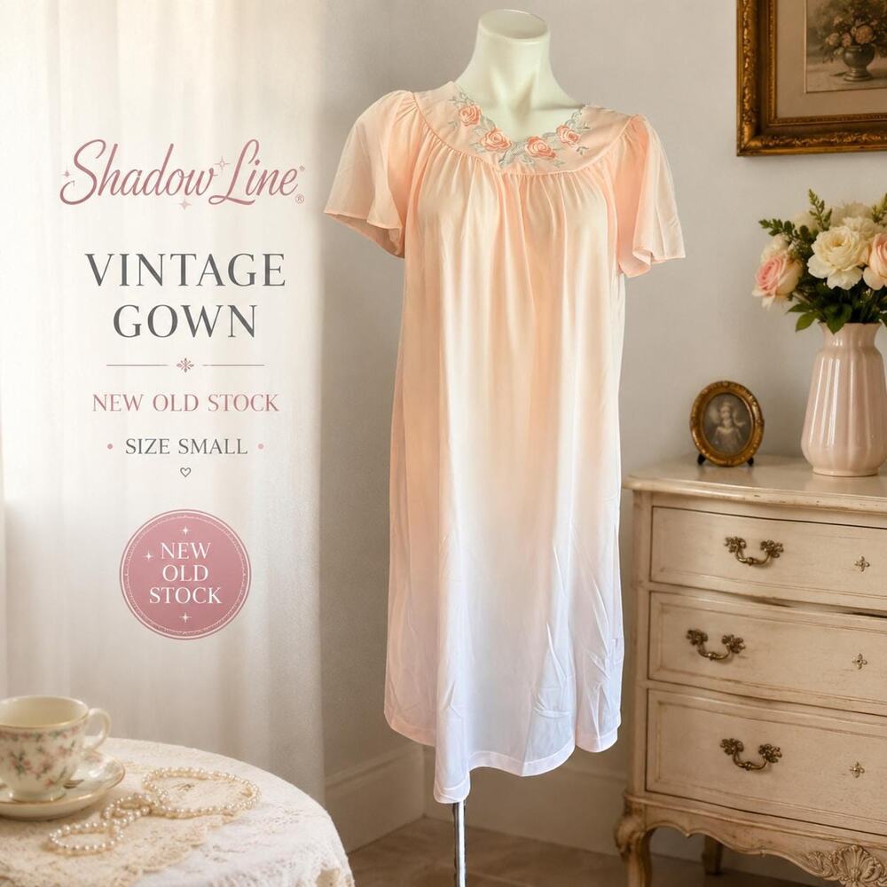 Shadowline Vintage Pink Embroidered Rose Nightgown, New Old Stock Nylon Sz S